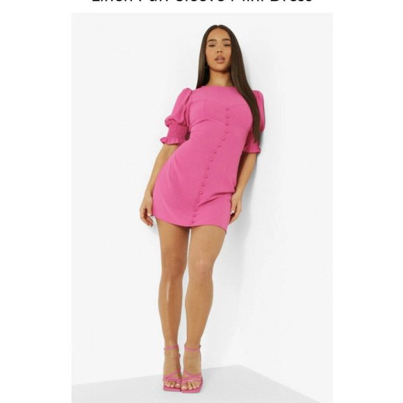 Boohoo Linen Puff Sleeve Mini Dress Size 6 Pink - Picture 3 of 11